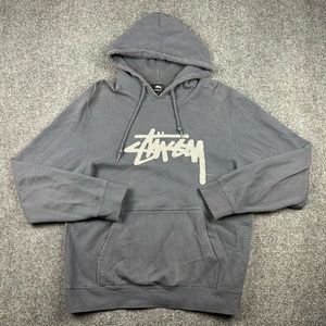 Vtg Stussy Adult Hoodie Sweatshirt Y2K Streetwear Grey Spell Out Embroidered